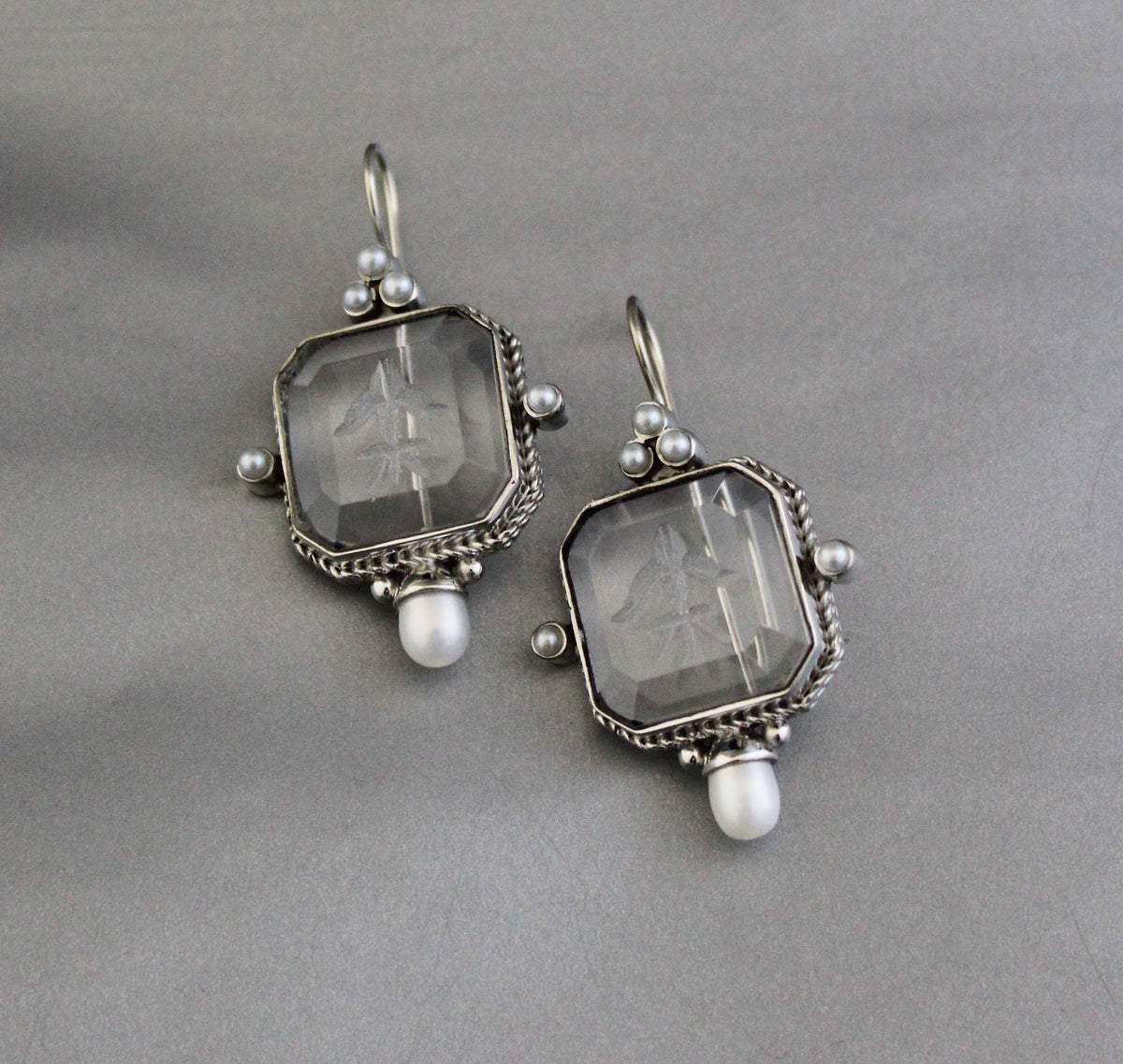 Clear Square Intaglio Earrings, Vintage Bridal Style, Gold Plated, photo 11