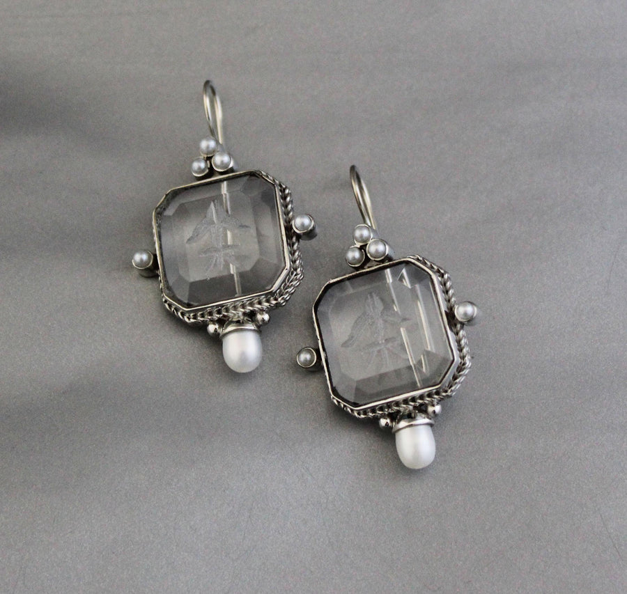 Clear Square Intaglio Earrings, Vintage Bridal Style, Gold Plated, photo 11