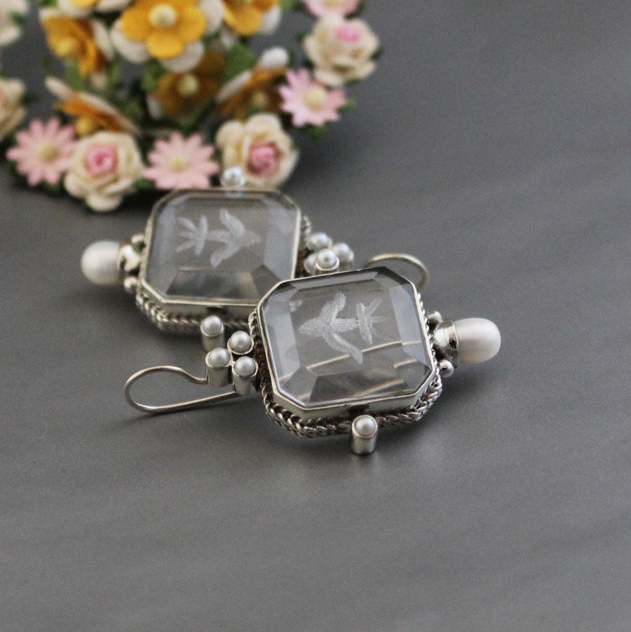 Clear Square Intaglio Earrings, Vintage Bridal Style, Gold Plated