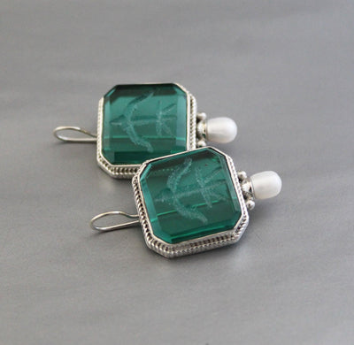Green Carved Glass Intaglio Earrings, Victorian Roman Style, 925 Sterling Silver, photo 7