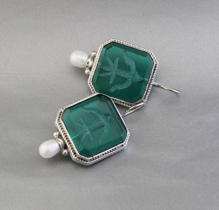 Green Carved Glass Intaglio Earrings, Victorian Roman Style, 925 Sterling Silver, photo 11