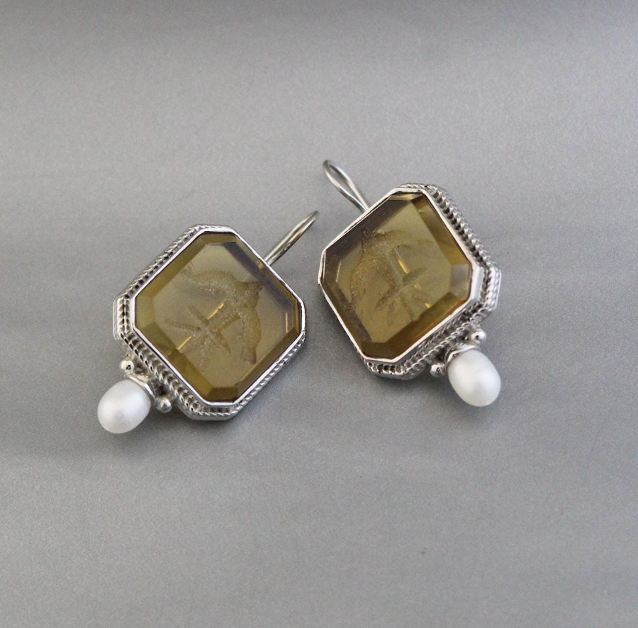Yellow Glass Intaglio Earrings, Victorian Style, Brass, photo 7
