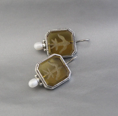Yellow Glass Intaglio Earrings, Victorian Style, Brass, photo 6