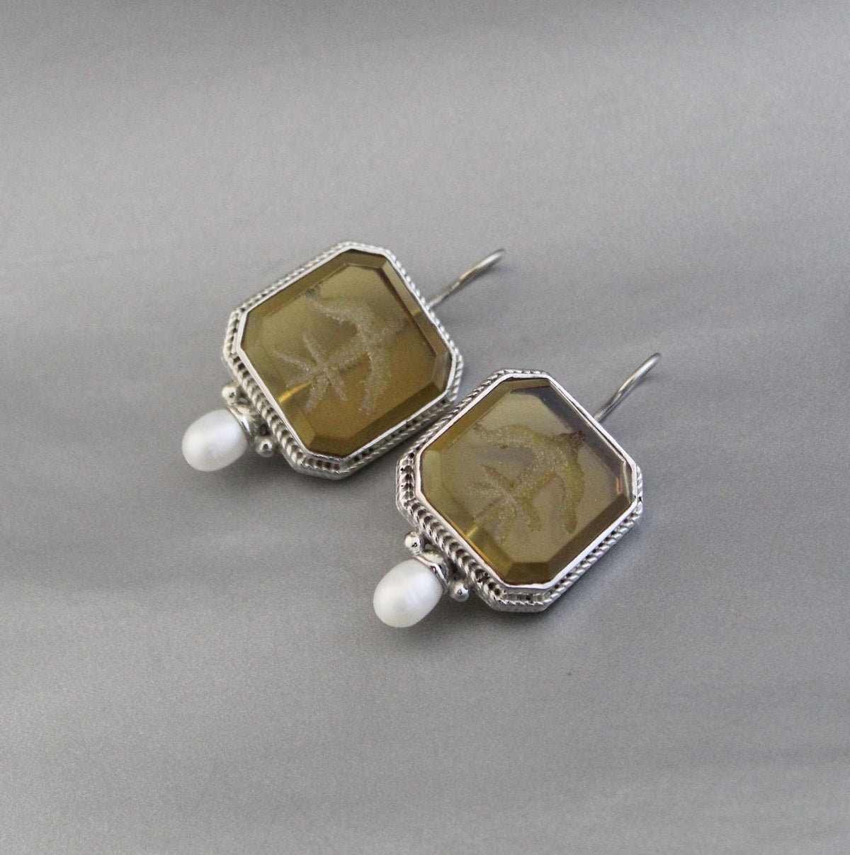 Yellow Glass Intaglio Earrings, Victorian Style, Brass, photo 5