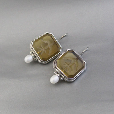 Yellow Glass Intaglio Earrings, Victorian Style, Brass, photo 5