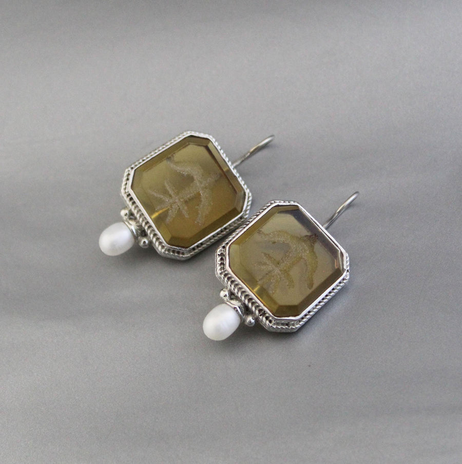 Yellow Glass Intaglio Earrings, Victorian Style, Brass, photo 5