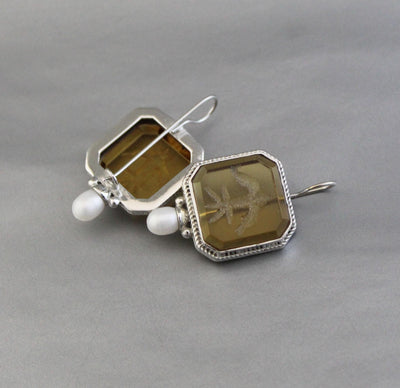 Yellow Glass Intaglio Earrings, Victorian Style, Brass, photo 2