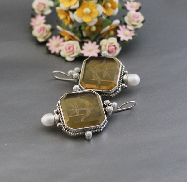 Yellow Glass Intaglio Earrings, Grand Tour Art Deco Style