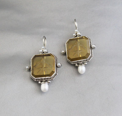 Yellow Glass Intaglio Earrings, Grand Tour Art Deco Style, photo 10