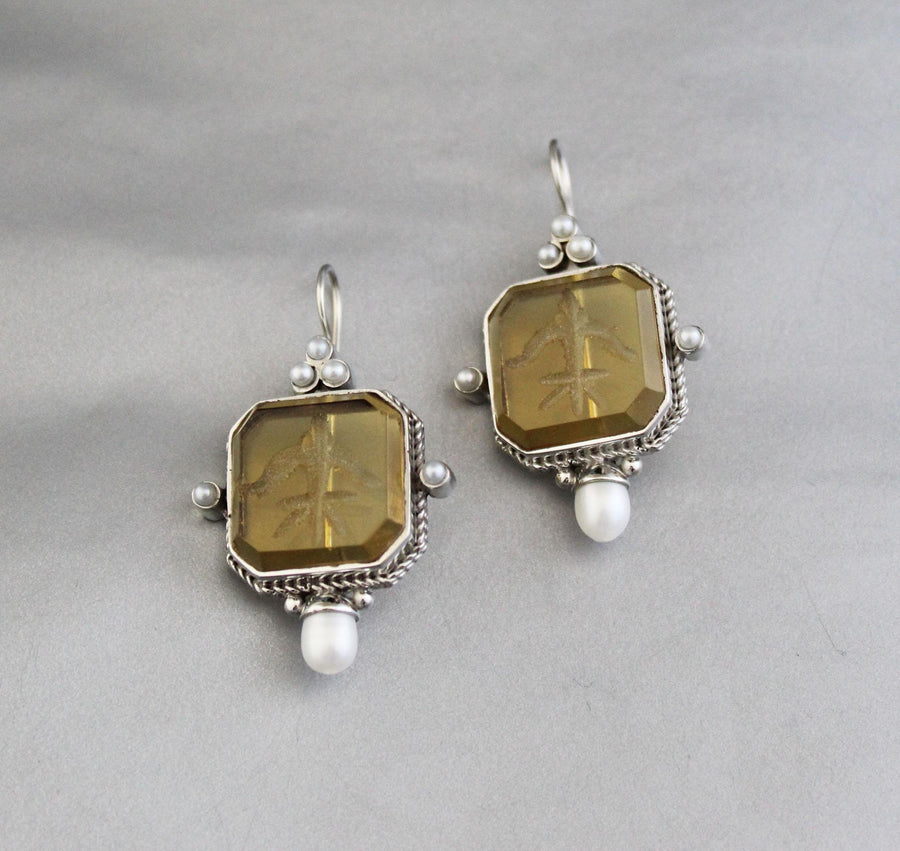 Yellow Glass Intaglio Earrings, Grand Tour Art Deco Style, photo 10