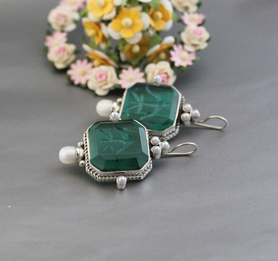 Green Intaglio Earrings, Vintage Style, 925 Sterling Silver, photo 4