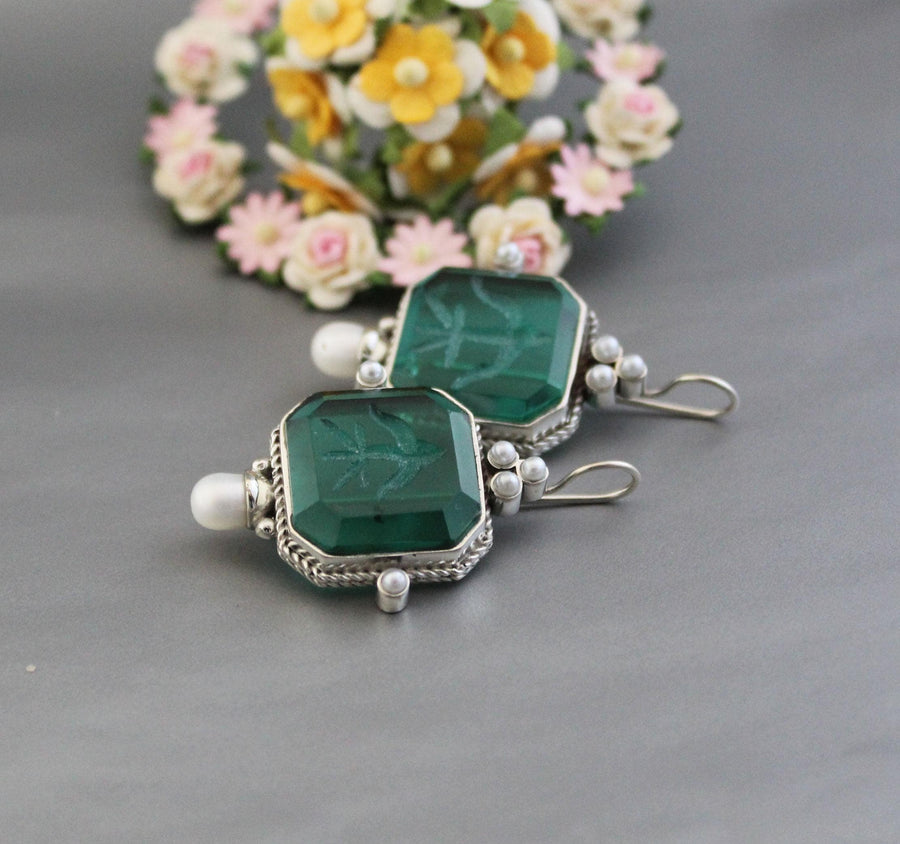 Green Intaglio Earrings, Vintage Style, 925 Sterling Silver, photo 4