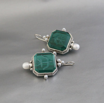 Green Intaglio Earrings, Vintage Style, 925 Sterling Silver, photo 6