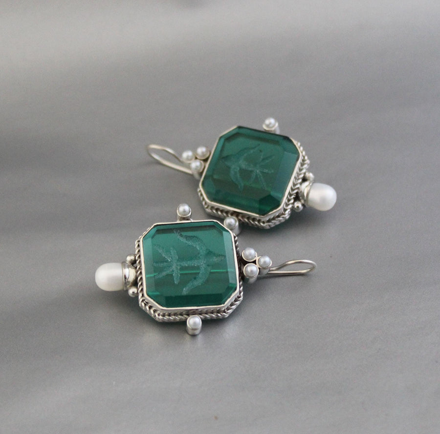 Green Intaglio Earrings, Vintage Style, 925 Sterling Silver, photo 6