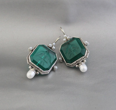 Green Intaglio Earrings, Vintage Style, 925 Sterling Silver, photo 7