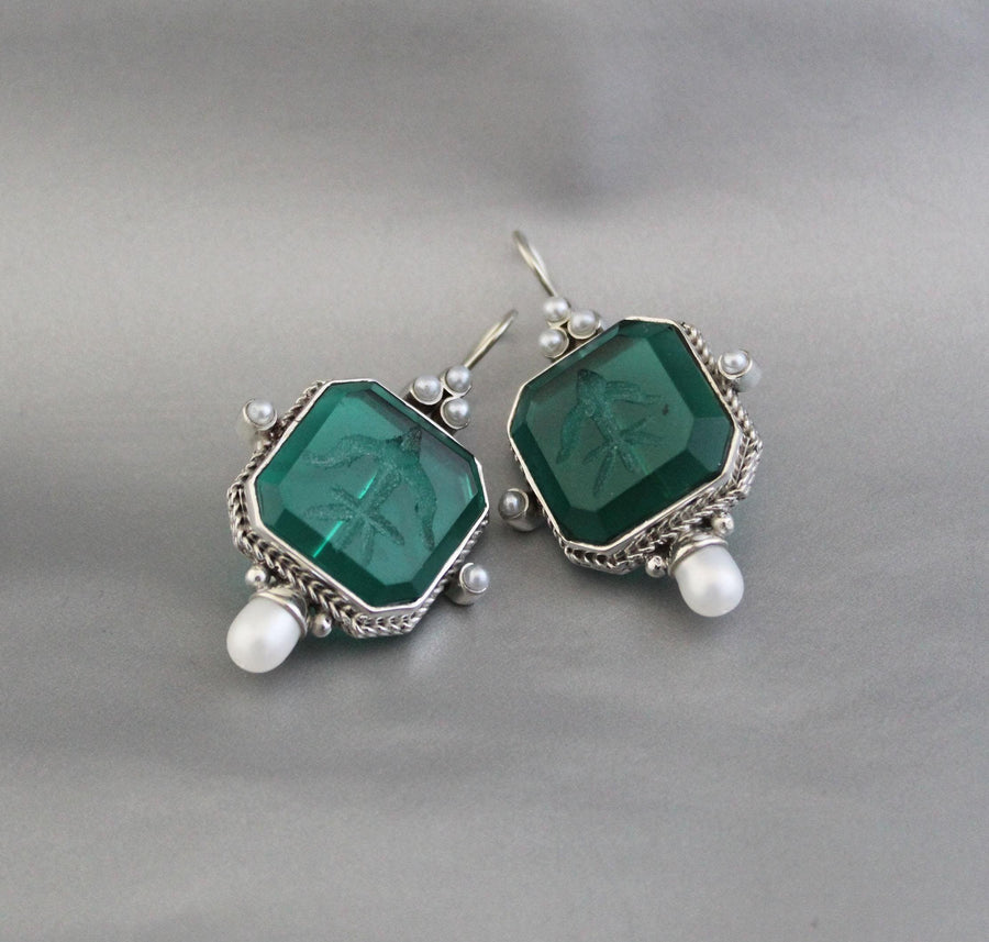 Green Intaglio Earrings, Vintage Style, 925 Sterling Silver, photo 7