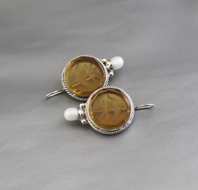 Yellow Glass Intaglio Earrings, Victorian Style, Sterling Silver, photo 10