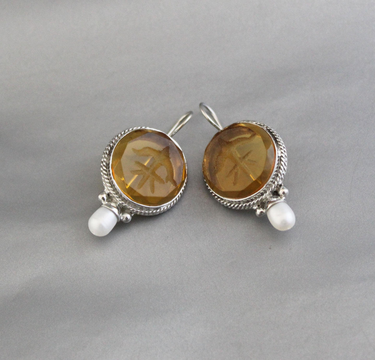 Yellow Glass Intaglio Earrings, Victorian Style, Sterling Silver, photo 5