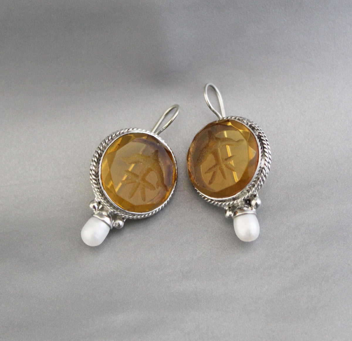 Yellow Glass Intaglio Earrings, Victorian Style, Sterling Silver, photo 6