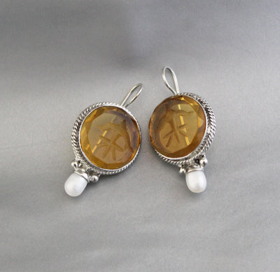 Yellow Glass Intaglio Earrings, Victorian Style, Sterling Silver, photo 6
