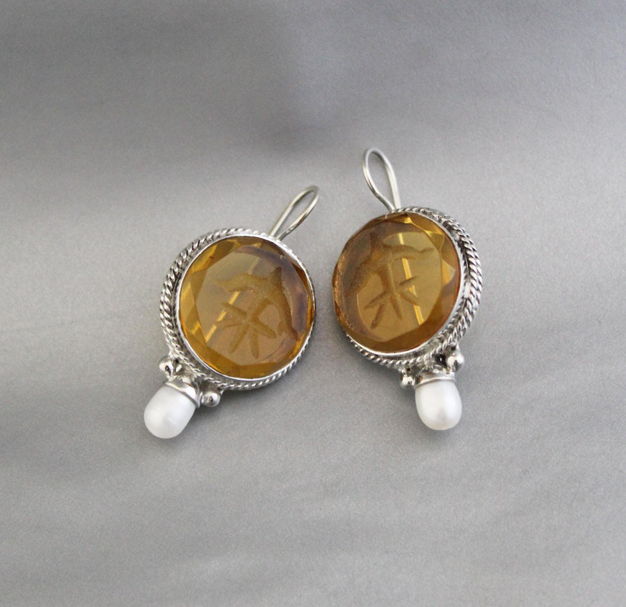 Yellow Glass Intaglio Earrings, Victorian Style, Sterling Silver, photo 6