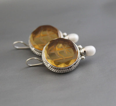 Yellow Glass Intaglio Earrings, Victorian Style, Sterling Silver, photo 12
