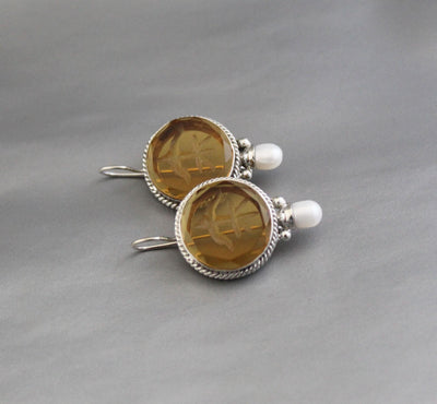 Yellow Glass Intaglio Earrings, Victorian Style, Sterling Silver, photo 11