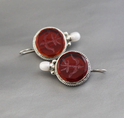 Red Crystal Fleur-de-lis Intaglio Earrings, Victorian Style, 925 Sterling Silver, photo 4