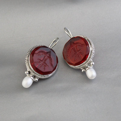 Red Crystal Fleur-de-lis Intaglio Earrings, Victorian Style, 925 Sterling Silver, photo 5