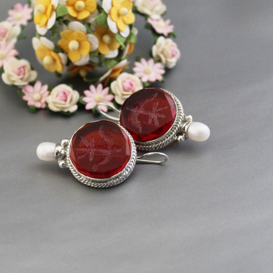 Red Crystal Fleur-de-lis Intaglio Earrings, Victorian Style, 925 Sterling Silver