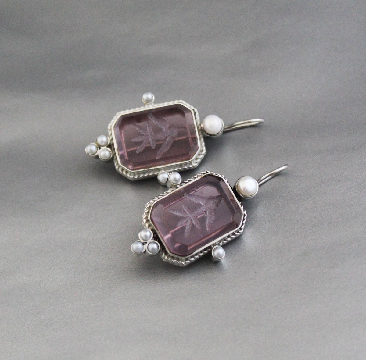 Purple Quartz Intaglio Earrings, 925 Sterling Silver, photo 8