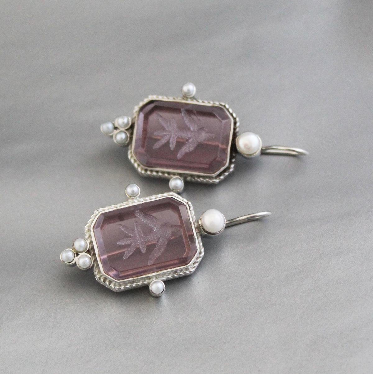 Purple Quartz Intaglio Earrings, 925 Sterling Silver, photo 5