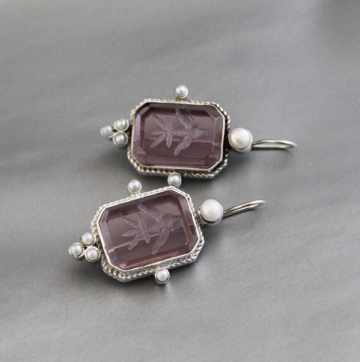 Purple Quartz Intaglio Earrings, 925 Sterling Silver, photo 6