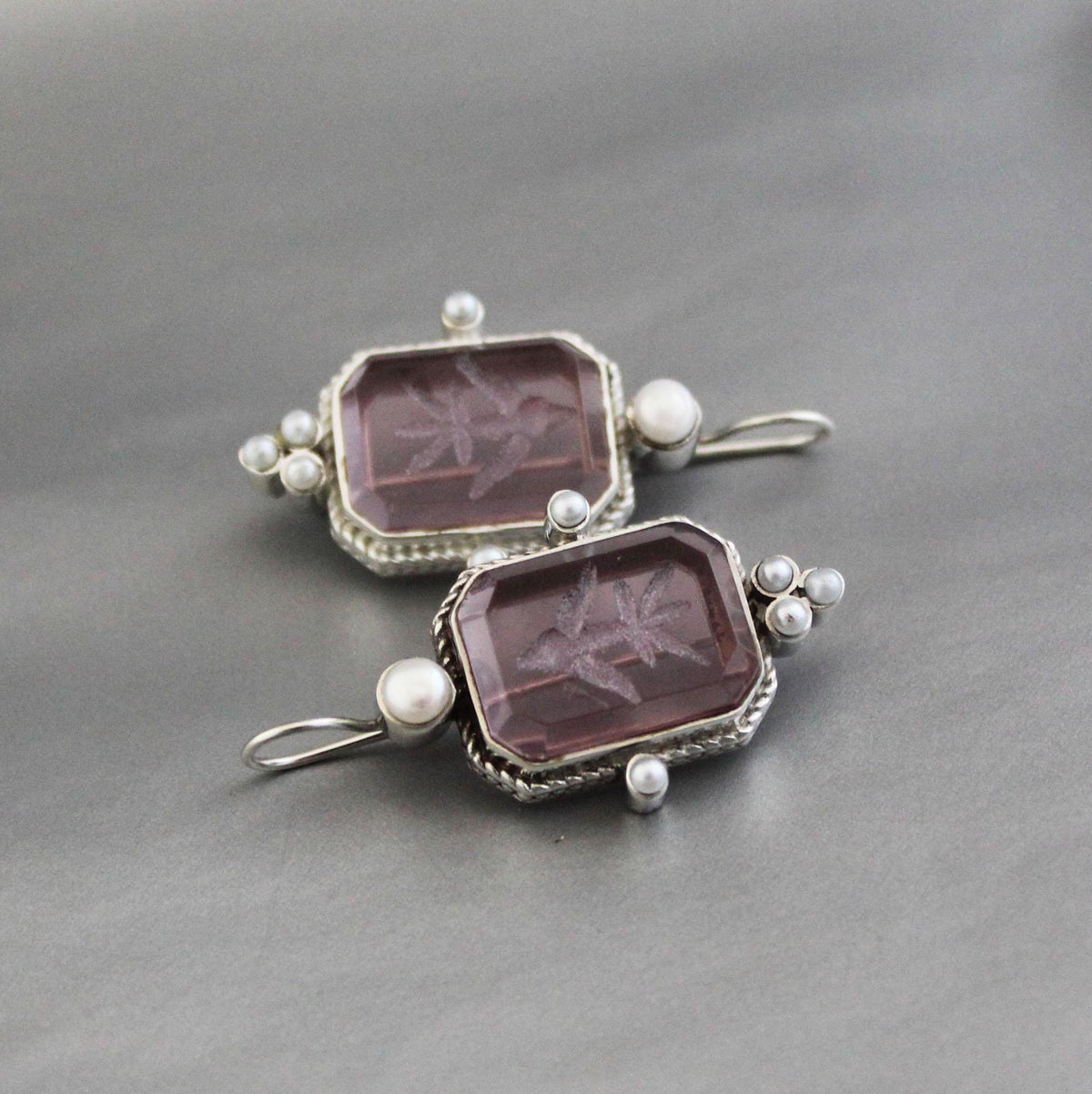 Purple Quartz Intaglio Earrings, 925 Sterling Silver, photo 2
