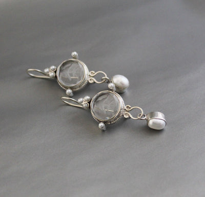 Crystal Quartz Intaglio Earrings, Glass Cameo, 925 Sterling Silver, photo 5