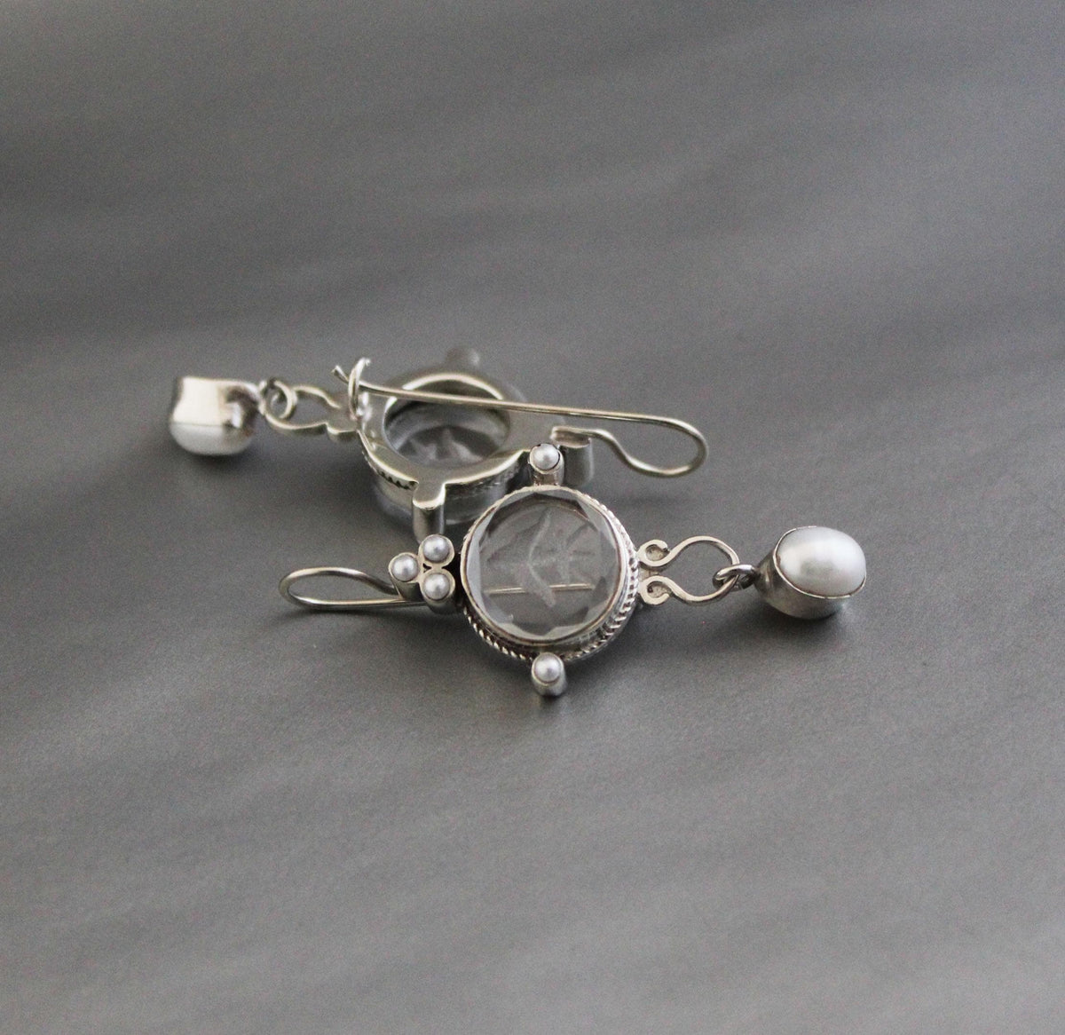 Crystal Quartz Intaglio Earrings, Glass Cameo, 925 Sterling Silver, photo 8