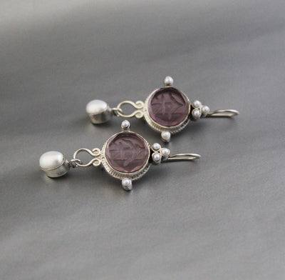 Purple Quartz Intaglio Earrings, Crystal Dangles, 925 Sterling Silver, photo 5