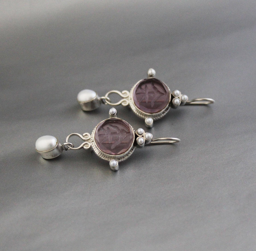 Purple Quartz Intaglio Earrings, Crystal Dangles, 925 Sterling Silver, photo 5