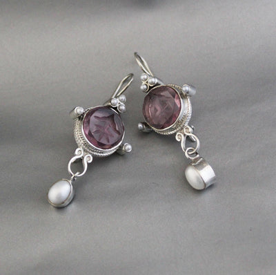 Purple Quartz Intaglio Earrings, Crystal Dangles, 925 Sterling Silver, photo 8
