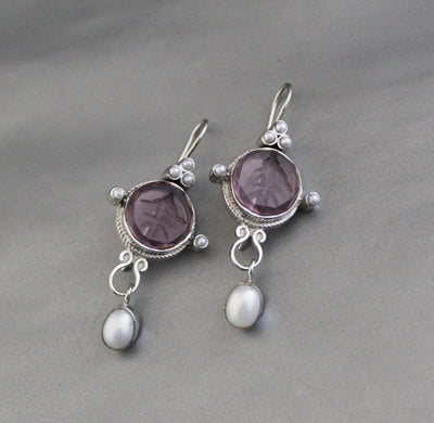Purple Quartz Intaglio Earrings, Crystal Dangles, 925 Sterling Silver, photo 2