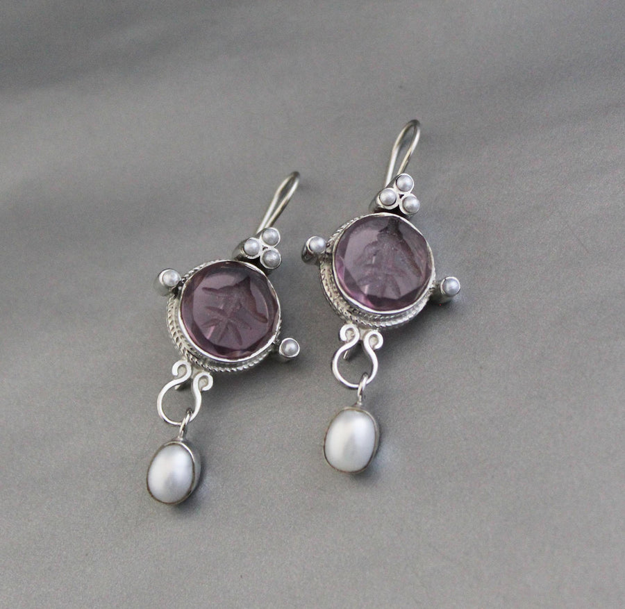 Purple Quartz Intaglio Earrings, Crystal Dangles, 925 Sterling Silver, photo 2