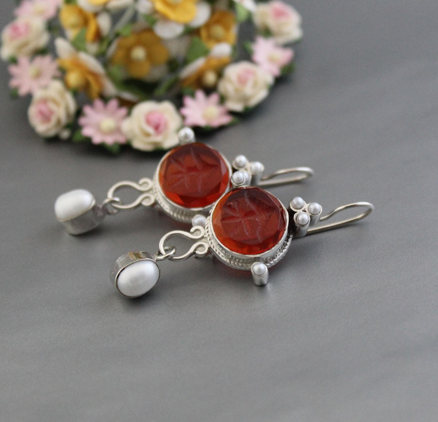 Red Fleur-de-lis Intaglio Earrings, Victorian Pearl Drops