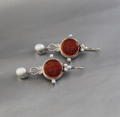 Red Fleur-de-lis Intaglio Earrings, Victorian Pearl Drops, photo 4