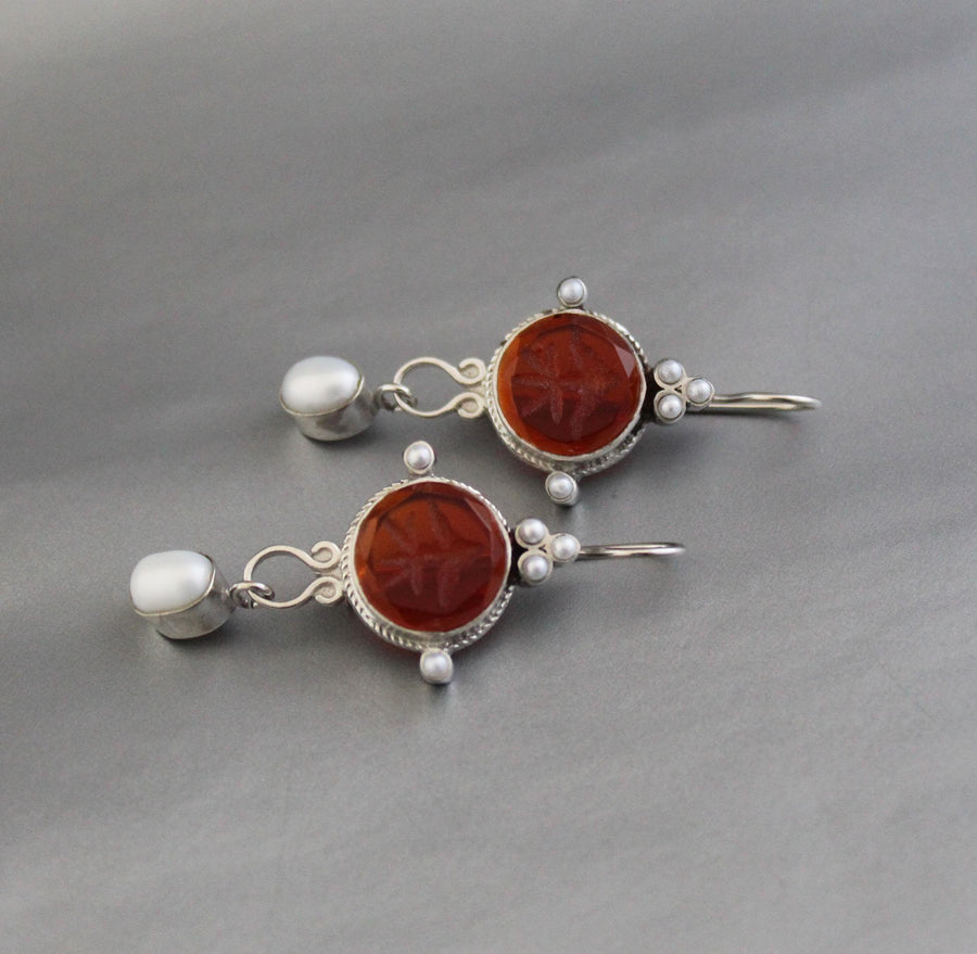 Red Fleur-de-lis Intaglio Earrings, Victorian Pearl Drops, photo 4