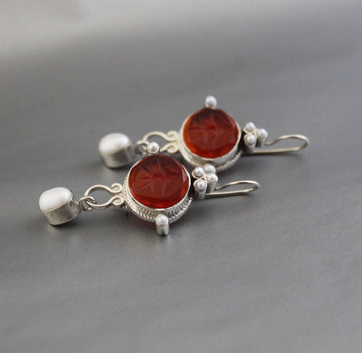 Red Fleur-de-lis Intaglio Earrings, Victorian Pearl Drops, photo 5