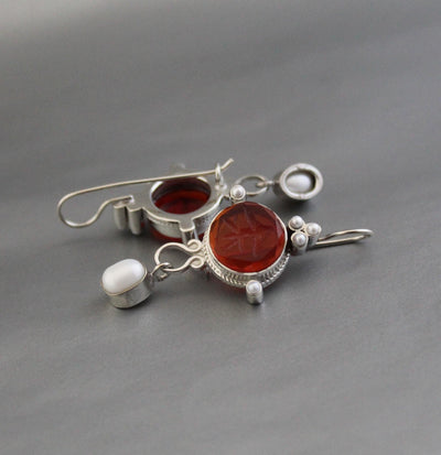 Red Fleur-de-lis Intaglio Earrings, Victorian Pearl Drops, photo 2