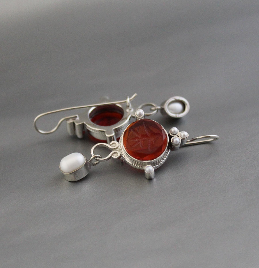Red Fleur-de-lis Intaglio Earrings, Victorian Pearl Drops, photo 2