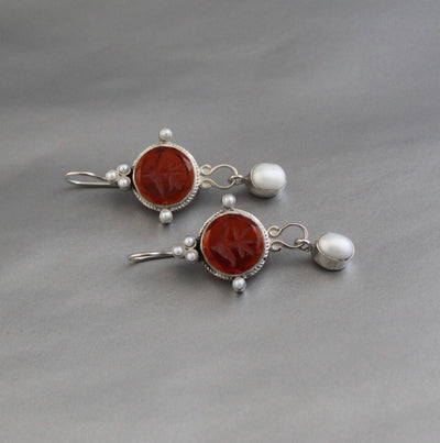 Red Fleur-de-lis Intaglio Earrings, Victorian Pearl Drops, photo 10