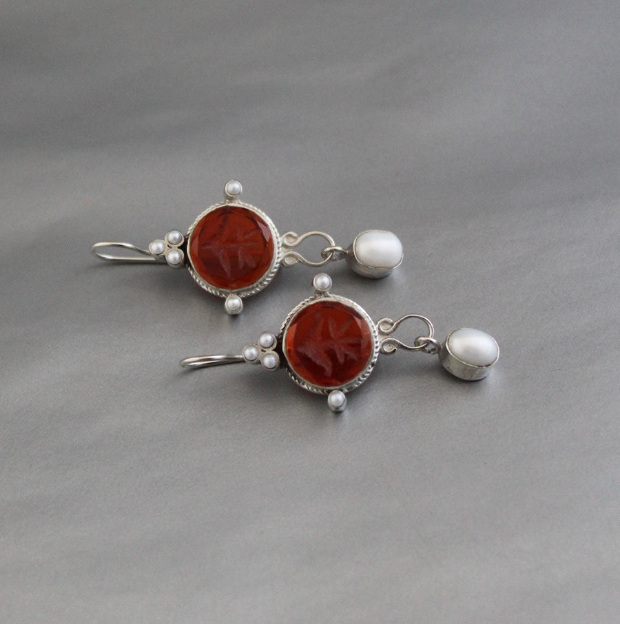 Red Fleur-de-lis Intaglio Earrings, Victorian Pearl Drops, photo 10
