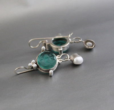 Green Glass Intaglio Chandelier Earrings, Art Deco Style, 925 Sterling Silver, photo 2